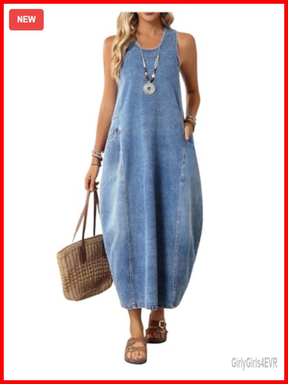 Plus Size Sleeveless Long Denim Dress Crewneck Tank Dress with Pockets